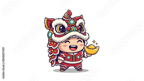 chinese lion dance mascot with gold coin