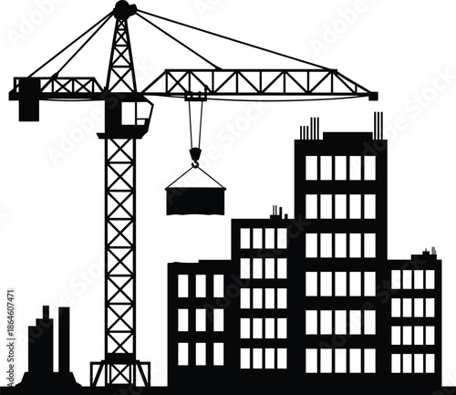 Construction crane lifting building, urban city skyline silhouette, real estate development, architecture growth, industrial construction concept illustration