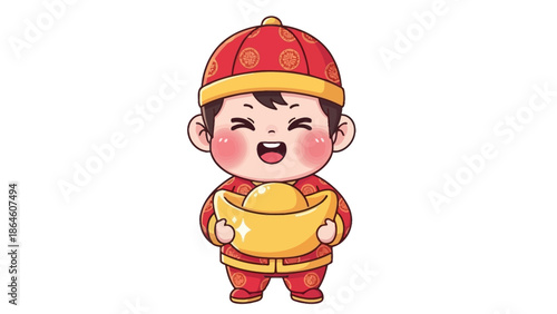 chinese boy holding gold ingot, cute cartoon character