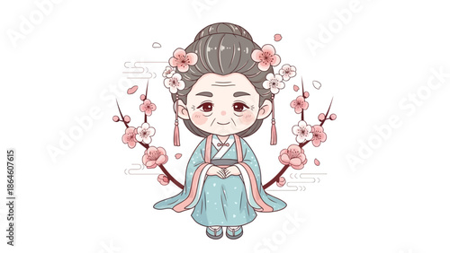 chinese girl in traditional dress with cherry blossoms