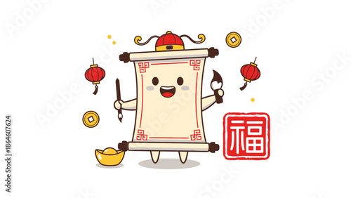 chinese new year cartoon character with scroll and lanterns