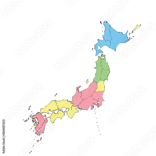 Japan geographic map clearly highlighting the four largest islands, Honshu, Hokkaido, Kyushu, and Shikoku, rendered in a crisp 2D flat vector illustration style on an isolated white background.