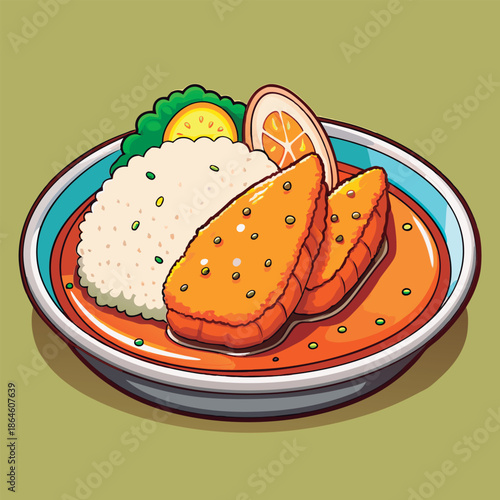 Delicious curry rice with crispy fried fish.