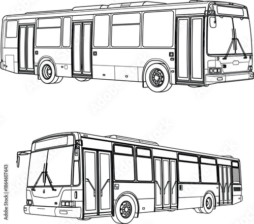 City bus illustration outline, public transportation vehicle design, urban transit concept, passenger travel system, black and white drawing