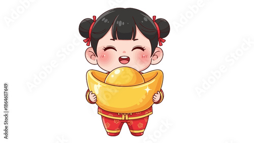 happy girl holding gold ingot