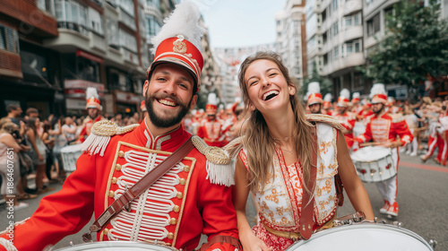 La Tamborrada Festival, Happy couple enjoying La Tamborrada parade celebration with traditional costumes and drums