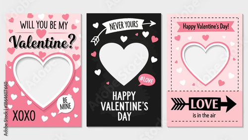 Valentine's Day card set featuring heart designs and affectionate messages displayed on a clean surface from a straightforward viewpoint