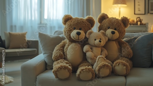 Teddy bear family sitting together on a couch in a living room