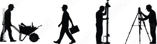 Construction worker silhouettes set, labor tools equipment, engineering survey teamwork concept, industrial workforce, building site illustration