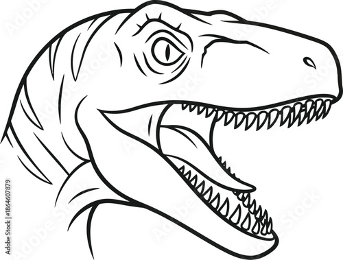 Fierce black and white outline drawing captures the ferocious head of a raptor dinosaur roaring with sharp teeth exposed in a menacing illustration