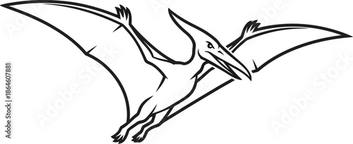 Stylized black and white line art illustration depicts a prehistoric pterodactyl creature soaring dynamically across a blank background ready for logo design applications.