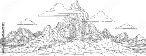 Black and white line art depiction of a wireframe mountain range landscape featuring stylized clouds against a bright white background illustrating digital terrain.
