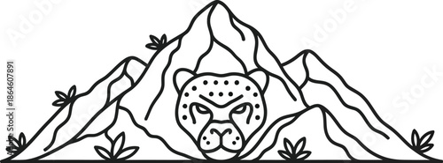Minimalist black and white line art illustration featuring a fierce leopard face emerging from the base of a stylized mountain range design element.