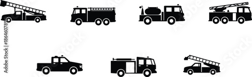Firefighting vehicle silhouette set, emergency fire truck ladder tanker rescue icons isolated black vector illustration collection equipment service safety design