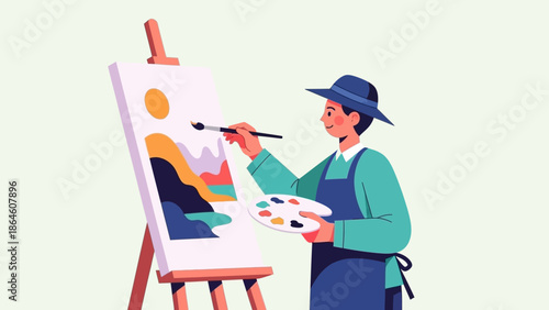 Artist painting a landscape on a canvas easel with a palette and brush