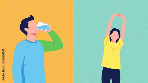 Simple Daily Habits for Holistic Wellness Illustrating a Man Hydrating and a Woman Stretching to Promote a Balanced and Healthy Lifestyle