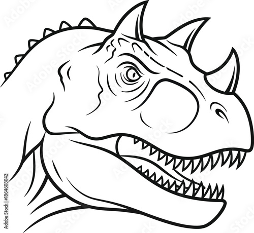 Black and white line art illustration depicting the fierce head of a carnivorous dinosaur featuring prominent horns above its eyes and sharp terrifying teeth.