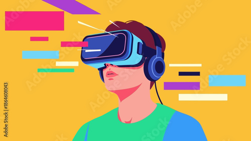 Immersive virtual reality experience Exploring digital frontiers with a futuristic VR headset, a stylized illustration of technology and innovation