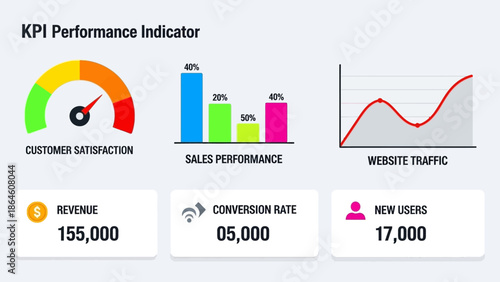 Business performance dashboard showing KPIs for customer satisfaction, sales, website traffic, revenue, and conversion rates, empowering strategic analysis
