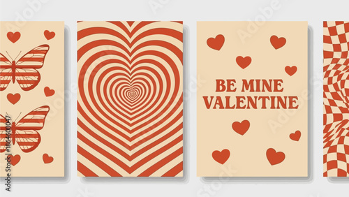 Valentine's Day greeting cards with heart patterns and butterflies on a beige background