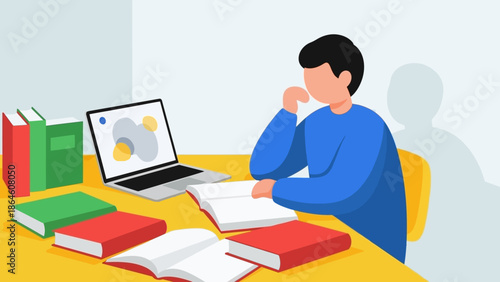 Illustration of a young man studying at a desk with books and a laptop, representing focused learning and academic pursuits
