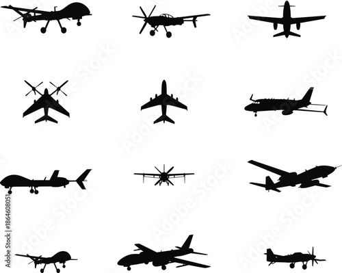 Military aircraft and drone silhouettes set, aviation defense collection, unmanned aerial vehicles, air force transport, combat illustration