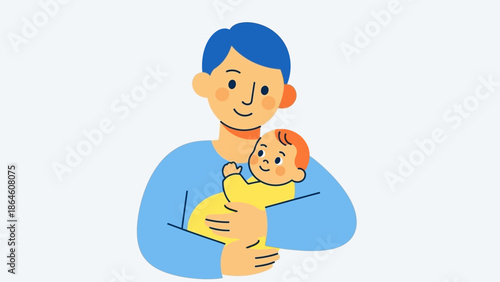 Heartwarming flat design illustration of a loving father gently cradling his infant, symbolizing paternal care, affection, and the special bond within a family