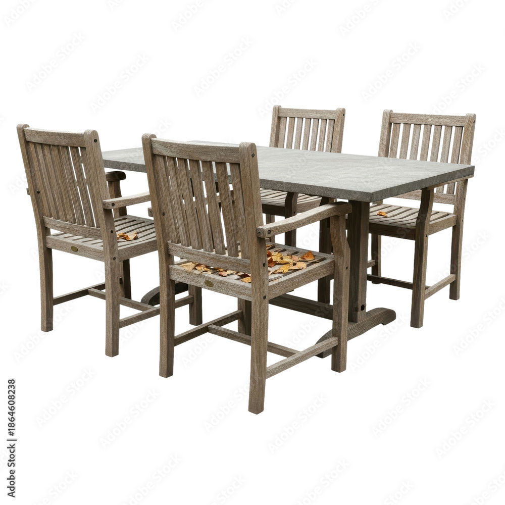 Fototapeta premium Rustic Wooden Outdoor Dining Set with Fallen Leaves