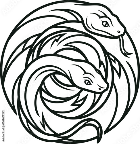 Striking black and white outline drawing of two stylized snakes intertwined symmetrically within a circular tribal crest design featuring dynamic flowing lines