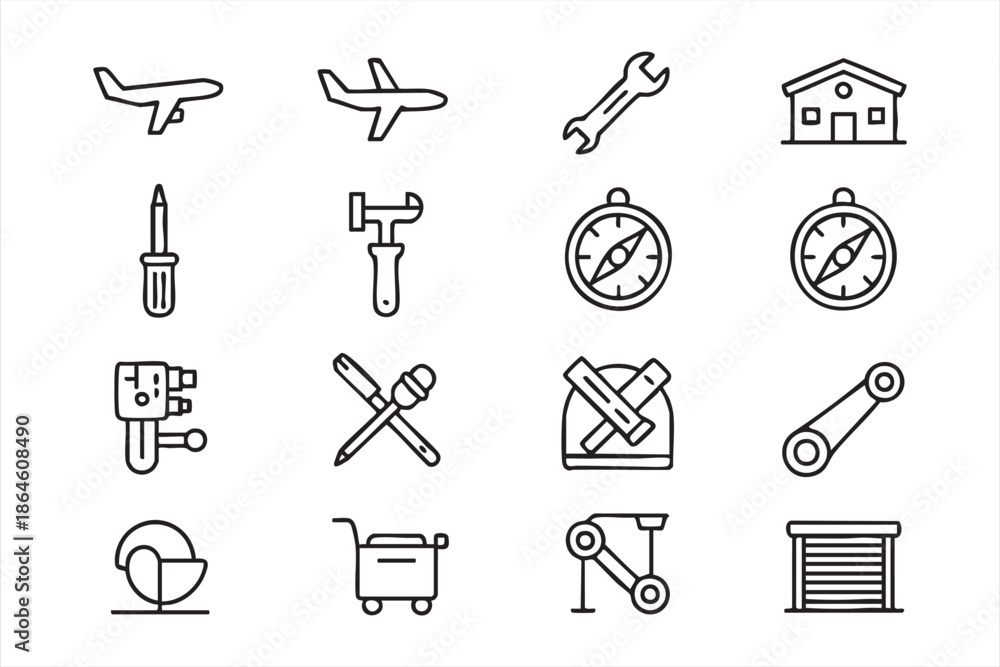 Fototapeta premium Aircraft, Warehouse, and Tool Icons for Industrial UI Systems