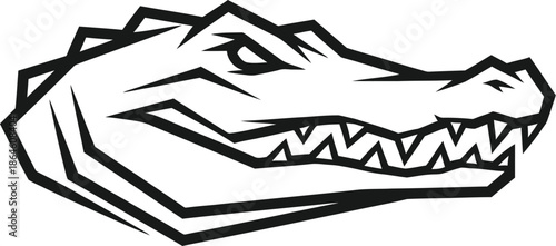 Stylized black and white vector illustration of an aggressive alligator or crocodile head featuring sharp teeth and a determined expression perfect for logos