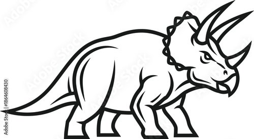 Fierce black and white outline drawing of a powerful triceratops mascot in a bold mascot style illustration ready for design use