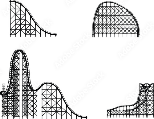 Roller coaster structure illustration set, amusement park ride framework, thrill attraction design, engineering construction, black and white outline