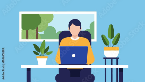 Modern remote worker enjoying a comfortable and productive home office setup, embracing digital lifestyle with natural elements
