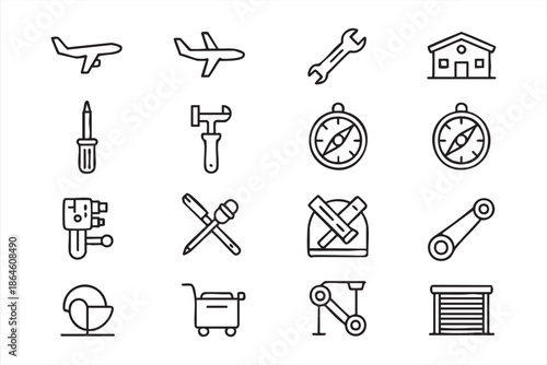 Aircraft, Warehouse, and Tool Icons for Industrial UI Systems