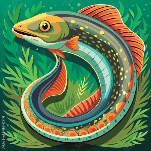 Colorful eel swims amongst aquatic plants.