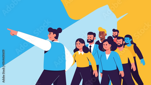 Illustration of a diverse group of people following a leader pointing the way forward