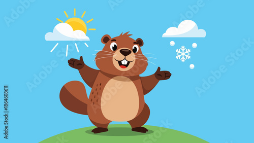 Cartoon Beaver Standing on Green Hill.