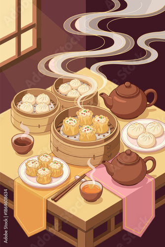 Steaming Dim Sum Feast with Traditional Chinese Tea