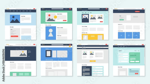 Illustration of modern flat design web page layouts displayed in browser windows, ideal for responsive user interface development and technology concepts