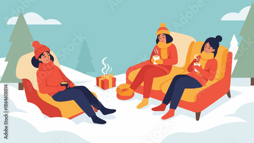 Three Women Relaxing on Couches in Snow.