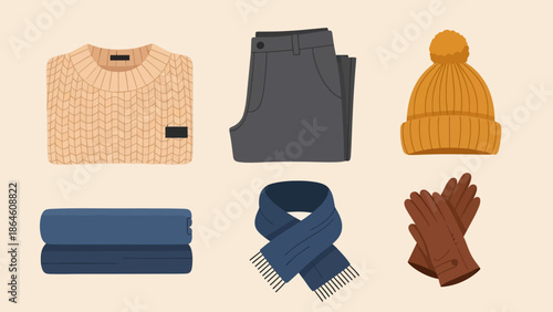 Winter Clothing Items Sweater Scarf Gloves Hat.