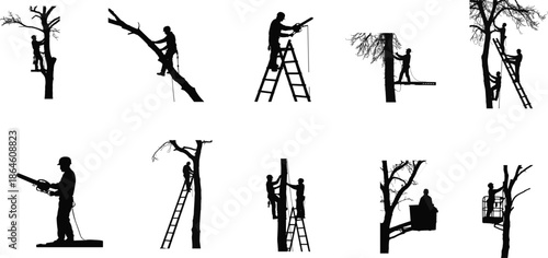 Tree cutting worker silhouettes set, arborist pruning activity, chainsaw safety work, forestry maintenance, professional landscaping illustration