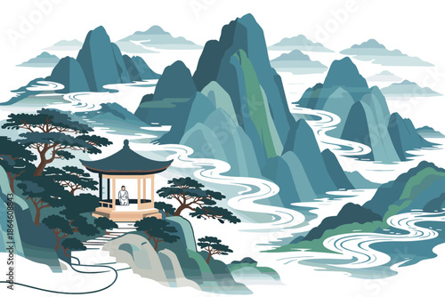 Serene Asian Mountain Landscape with Traditional Pavilion