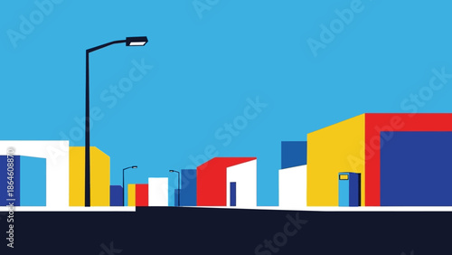 Abstract urban streetscape illustration with vibrant geometric buildings and distinct streetlights, showcasing a modern city's minimalist architectural design and colorful flat art style