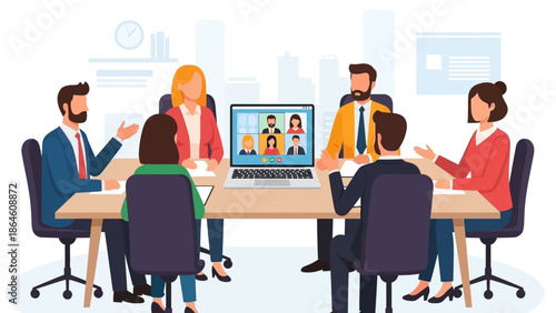 Diverse team collaborating in a modern office meeting room during a video conference