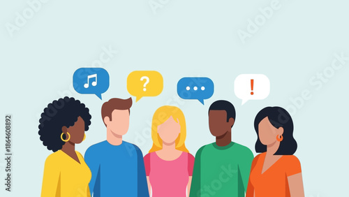 Diverse group of people communicating with speech bubbles representing different ideas and questions