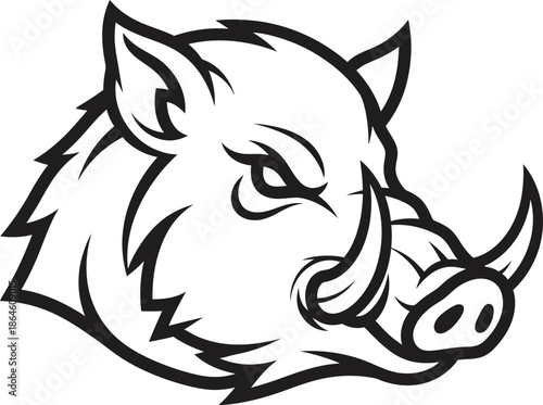 Fierce black and white line art mascot design illustrating a determined wild boar head in profile view perfect for team logos.