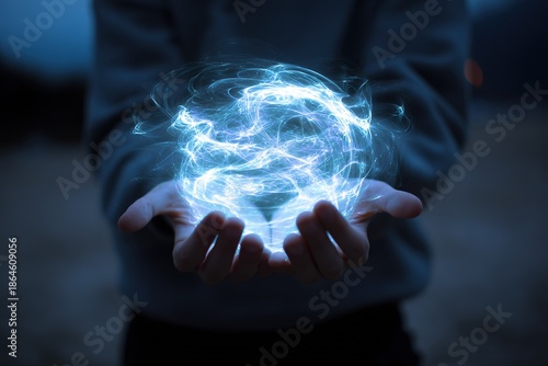 Hands Holding Blue Glowing Energy Sphere: Sci-Fi Magic Supernatural Power Visual Scene
