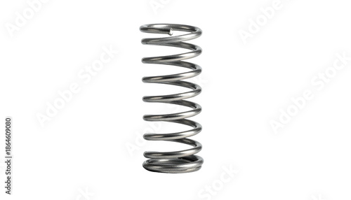 A close-up, neutrally-lit, 3D rendering of a compression spring. Its metallic coils are shown against a stark black background, highlighting its shape